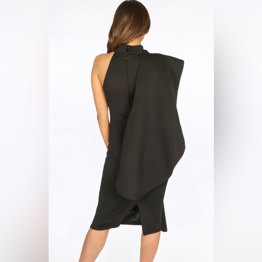 #002 NWOT - Women's Bodycon Black Neoprene Exaggerated Frill Midi Dress! - Picture 3 of 6